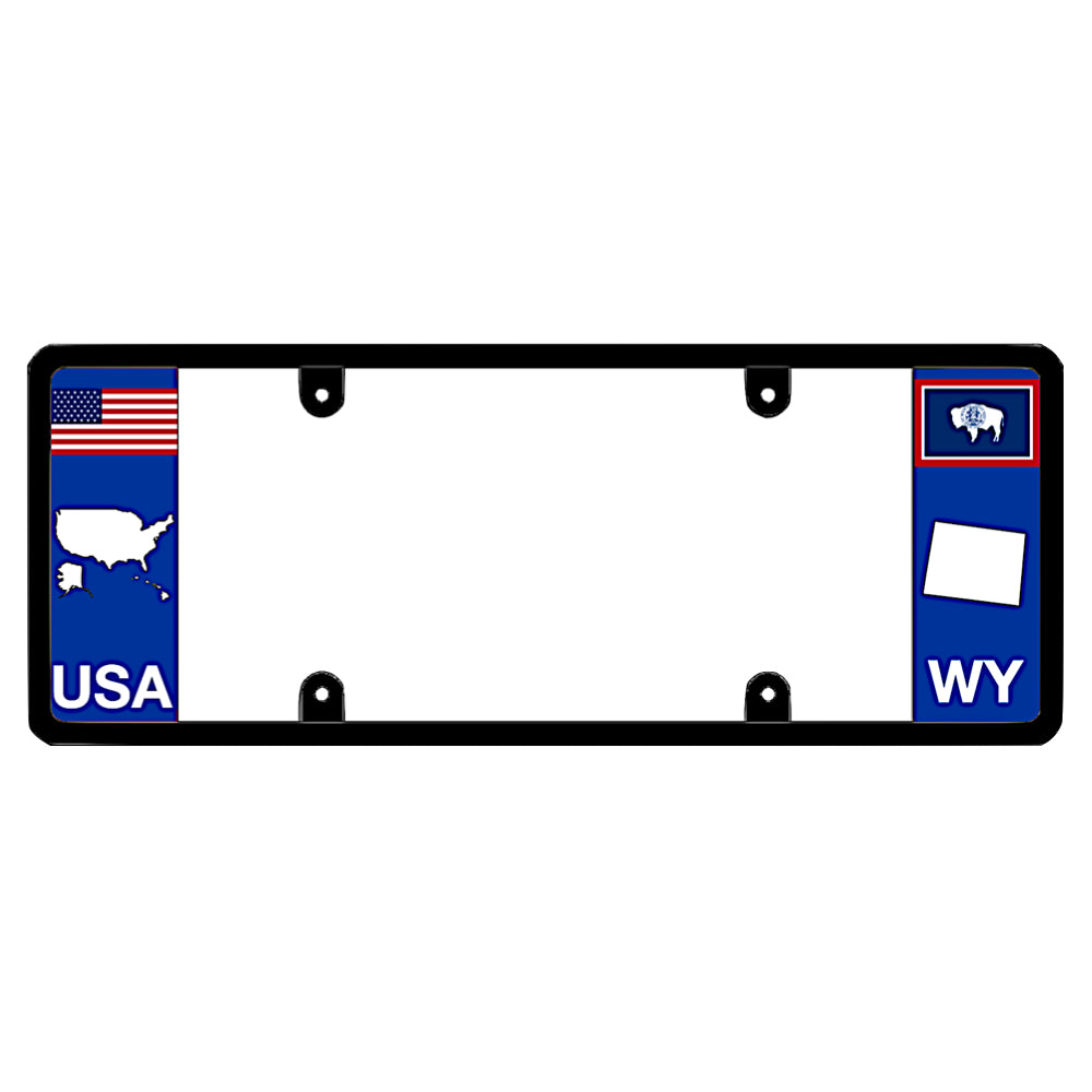 A black elongated Wyoming car tag holder showcasing a USA map graphic and a white WY state silhouette by DFS Brands.