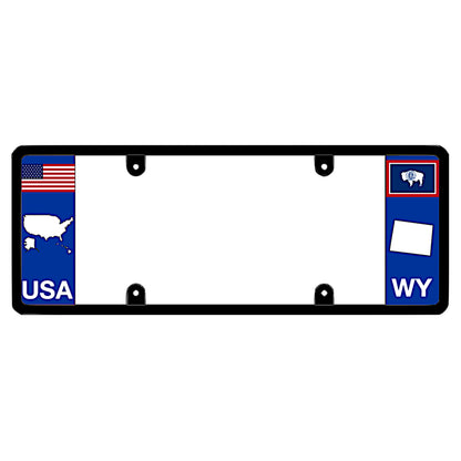 A black elongated Wyoming car tag holder showcasing a USA map graphic and a white WY state silhouette by DFS Brands.