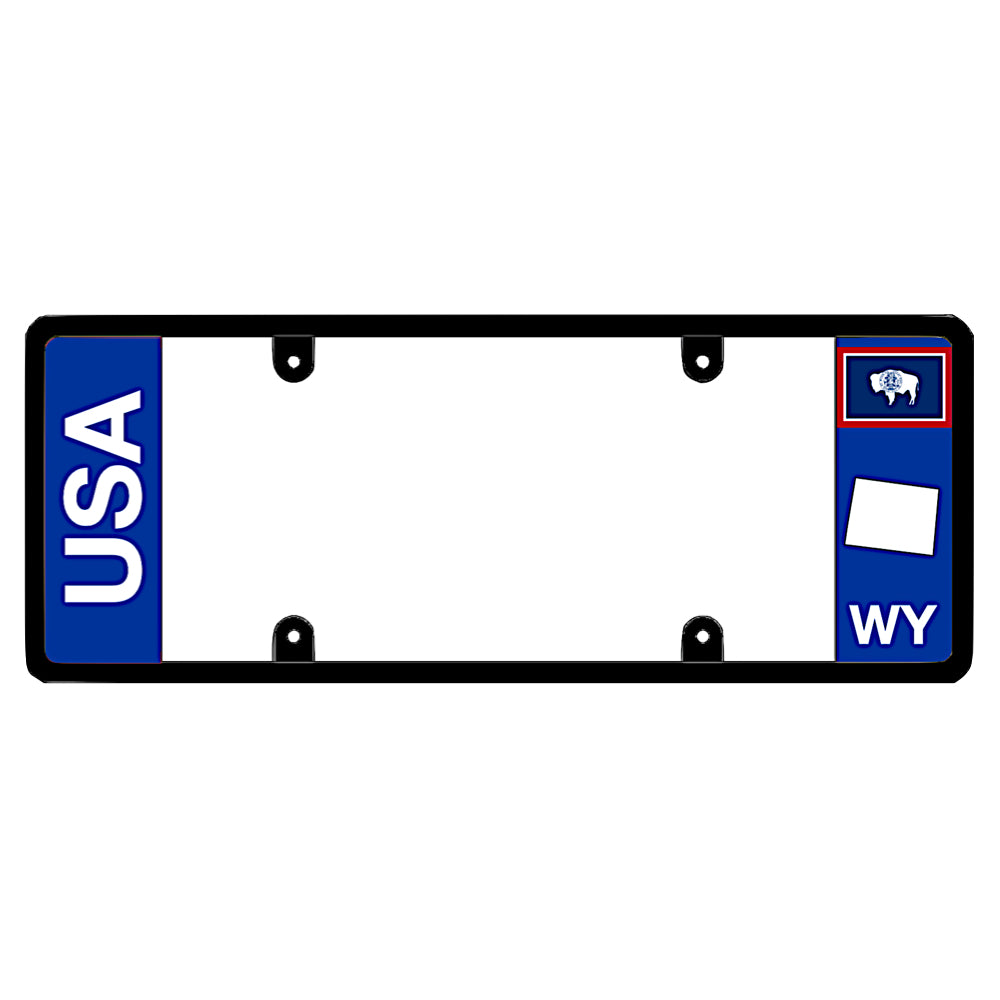 A black elongated Wyoming license plate frame featuring clean bold vertical USA and WY text panels by DFS Brands.