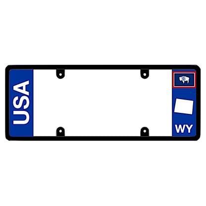 A black elongated Wyoming license plate frame featuring clean bold vertical USA and WY text panels by DFS Brands.